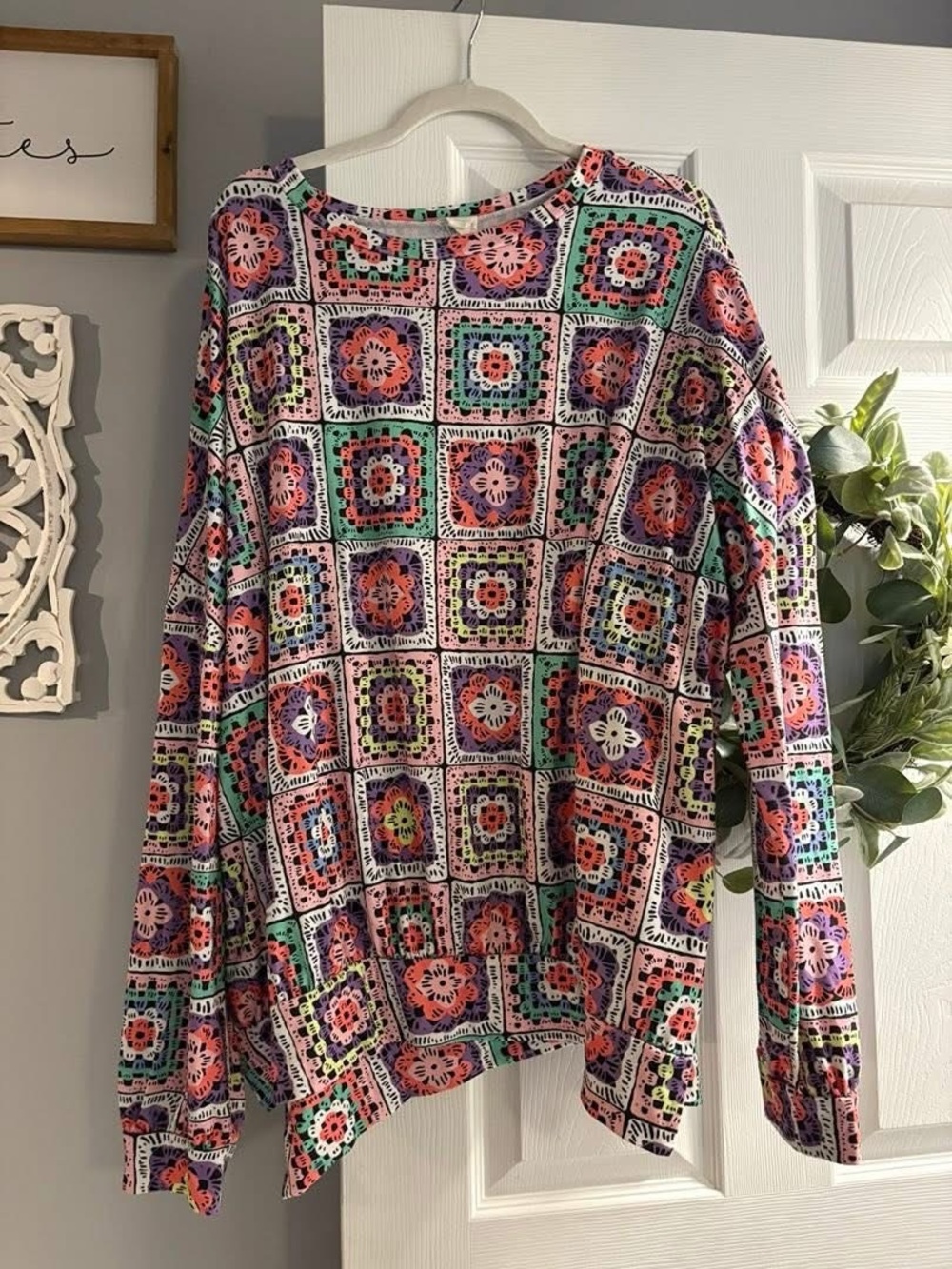 Bright Multicolor Crochet-Print Long Sleeve Top